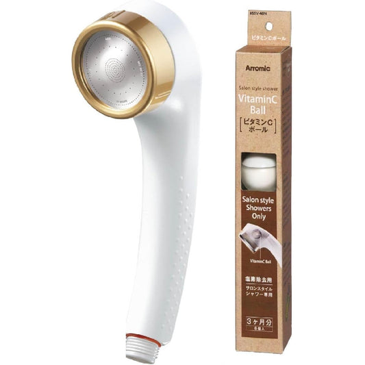 Aramic Shower Head, Water Saving, High Water Pressure, Chlorine Removal, Protects Hair Beauty, Vitamin C Balls, 6 Pieces, Salon Style Shower, Skin Care, White, Made in Japan ASSB-K6