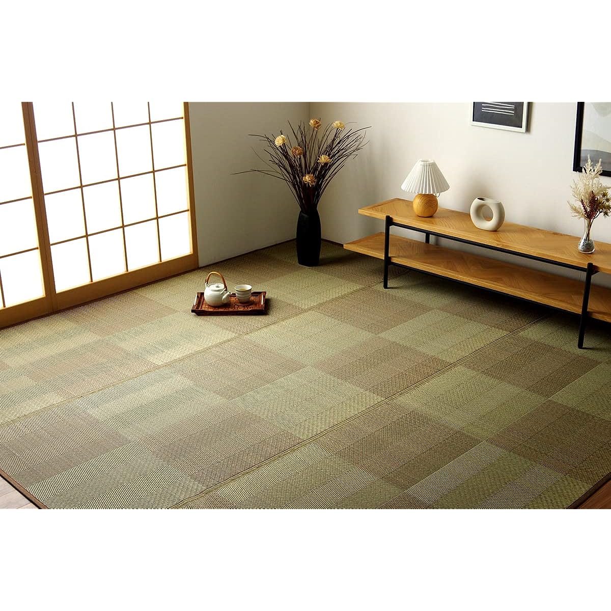 Ikehiko Corporation Igusa Rug Carpet Rene Brown Approximately 255 x 340cm 6 tatami mats between apartment complexes Flower Mat Plaid Pattern Natural Simple Japanese Room Overlay Cover #4350056