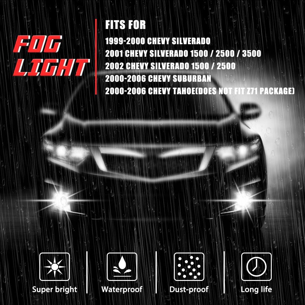 A Abigail driving fog light lamp replacement 1999-2002 Chevrolet Silverado 2000-2006 Chevrolet Subarban/Taho 27W 27W Halogen Light bulb 10368477 GM2592113 GM2593113 (Clear Lens)
