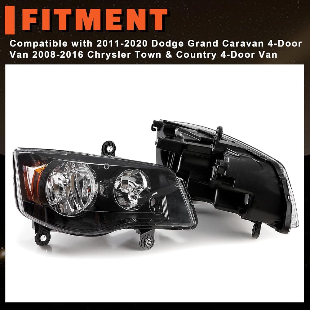 ECOTRIC Pair Headlight 2011-2020 DODGE Grand Caravan 08-16 CHRYSLER TOWN & COUNTRY Black housing headlamp (driver's passenger seat)