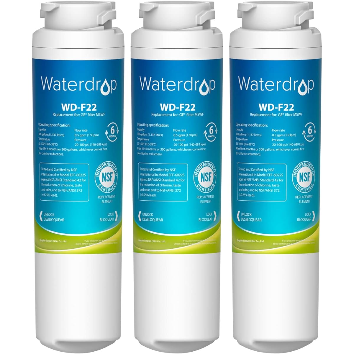 Waterdrop MSWF Refrigerator Water Purifier Compatible with GE MSWF, 101820A, 101821B, RWF1500A 3 Pack
