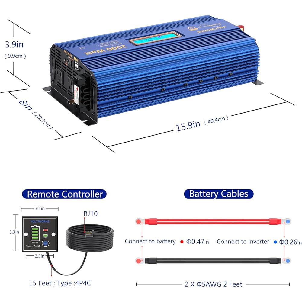 Power Inverter 2000 Watt DC 12V to AC 120V Modified Sinus Wave Inverter LCD Display Remote Control 3AC Outlet Dual 2.4A USB Port for Car RV Truck Boat