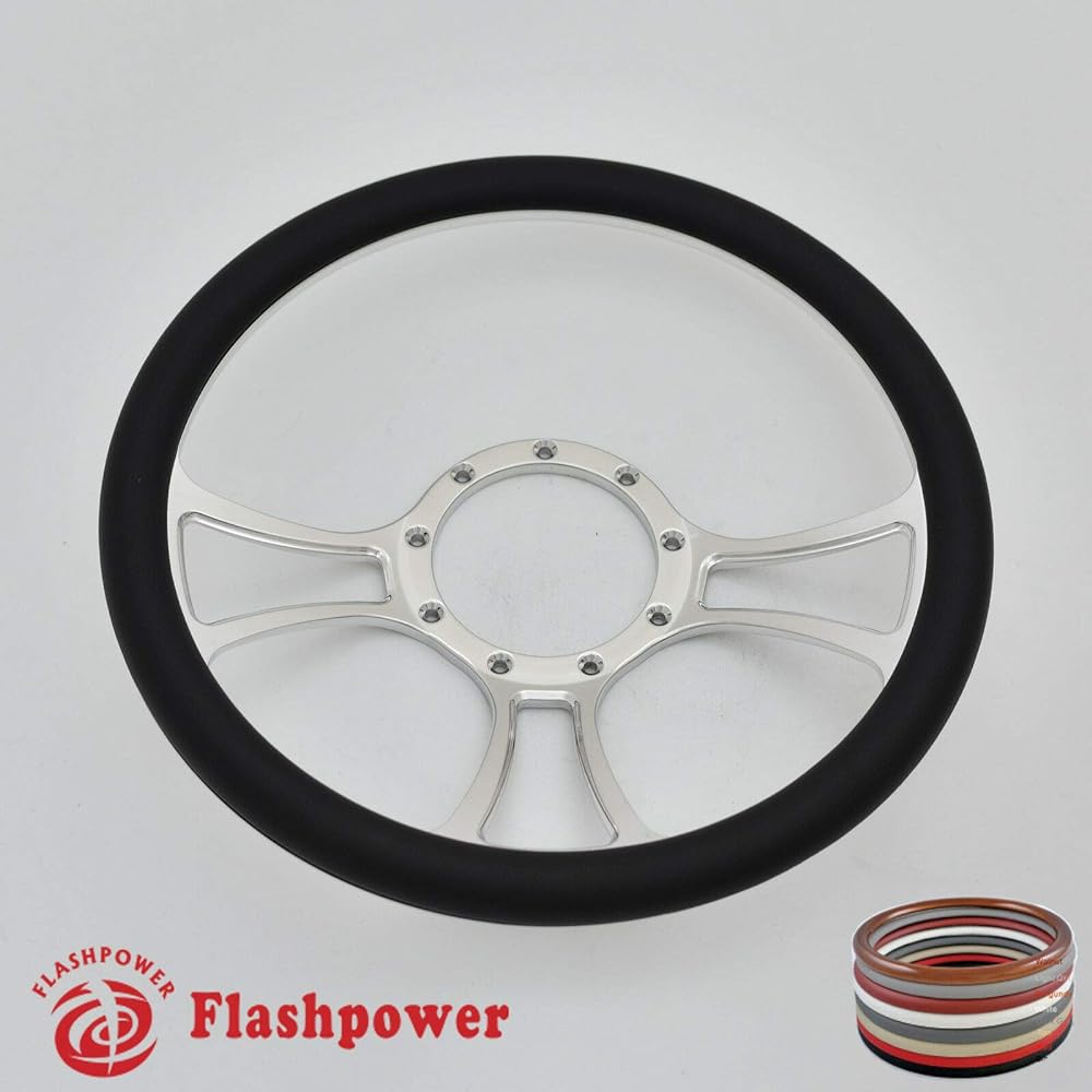 Flashpower 14 inch polished billet steering wheel half wrap and horn button black 121017-ch0