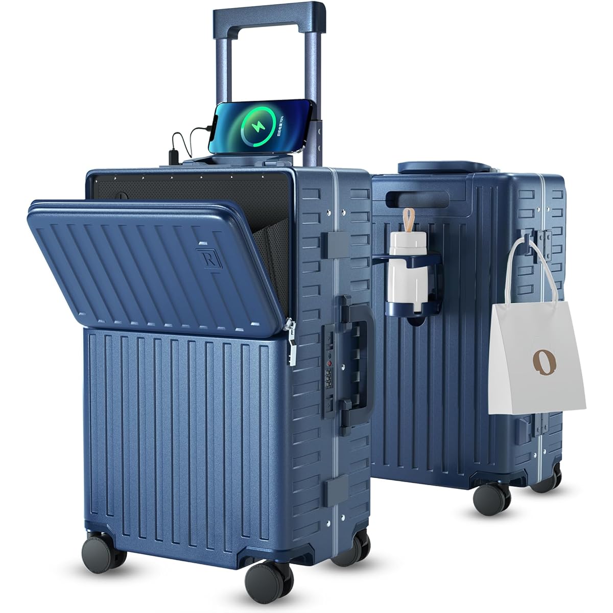 [Redamancy] Suitcase, Carry-on, USB Port, Carrying Case, Cup Holder, Computer Storage Pocket, Multi-functional, Aluminum Frame Type, Equipped with TSA Lock, Front Open, Luggage Hook, Ultra Lightweight, Shockproof, Quiet, 360 Degree Rotation, Sturdy Tires