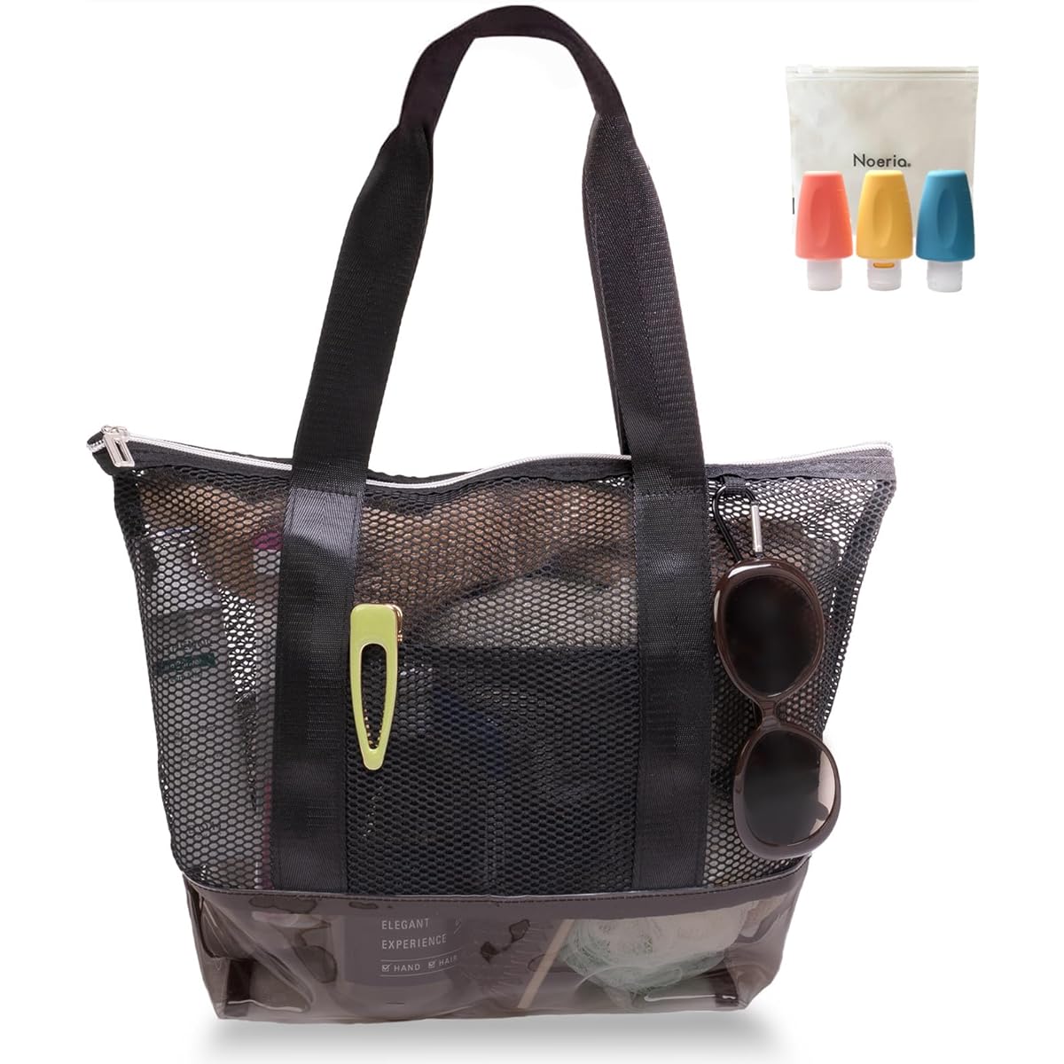 [Noeria] Hot Spring Bag, Pool Bag, Mesh Bag, Spa Bag [Shampoo Refill Bottle Included] Hot Spring, Public Bath, Bath, Sauna, Pool, Beach, Gym, Swimming, Travel Bag (Smoke)