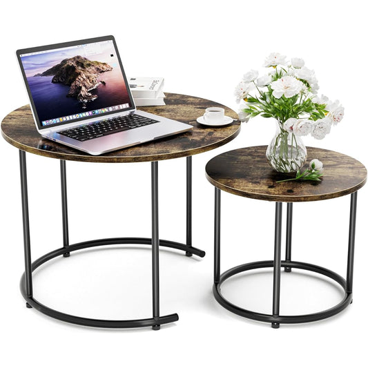 Nesting Table DEWEL Set of 2 Cafe Tables, Free Combination, Nesting Type, Circular, Telework, Living Alone, Stylish, Simple, Wood Grain