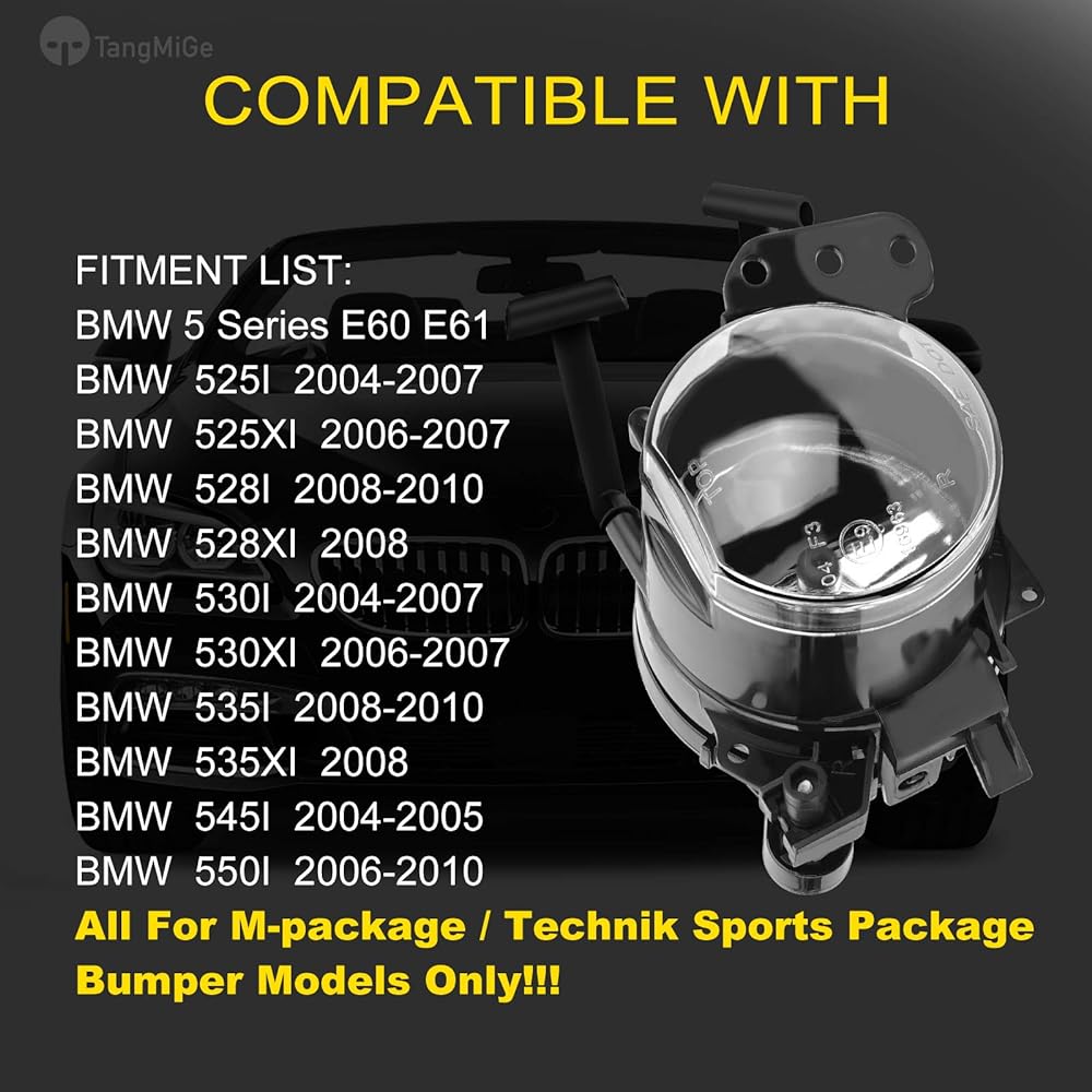 TANGMIGE Fog Light Lamp 2004-2010 BMW 5 Series (E60 E61, 525I 528XI 528xi 530XI 535XI 535XI 535Xi 550I 550I 550I 550i) For M-PACKAGE/TECHNIK Sport Package Bumper Model Exclusive, 1 Pair, Clear Lens
