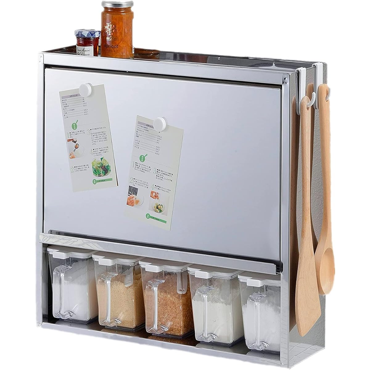 Otake Sangyo Stainless Steel Spice Rack, Made in Tsubame-Sanjo, Comes with 5 Seasoning Pots, Silver, 46.5x15.5x40cm, Compatible with Magnet, Concealable Slim Storage Case, Made in Japan YMG-010