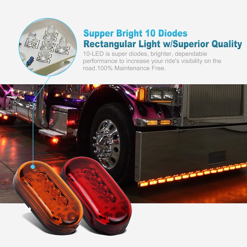 PARTSAM Amber 2 pieces + 2 Red 2V 4 inch x 2 inch Oval LED Truckside Marker Light surface Mount 10 Diode, Sealed Trailer LED Clearance and Side Marker Light Black Base LED LED Light