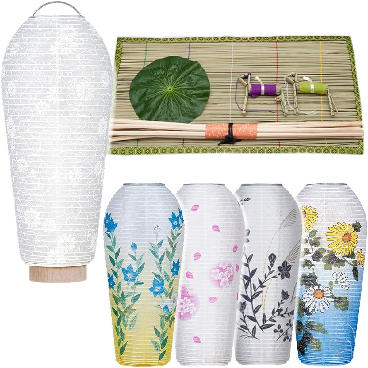 Butsudanya Takita Shoten [Bon Lanterns and Bon Supplies] Compact Hatsubon Set, 3-Piece Set, 2-G (1. White Patterns + Kikyo) ◆ Recommended Set for Modern Bon Lanterns, First Bon Decorations, Bon