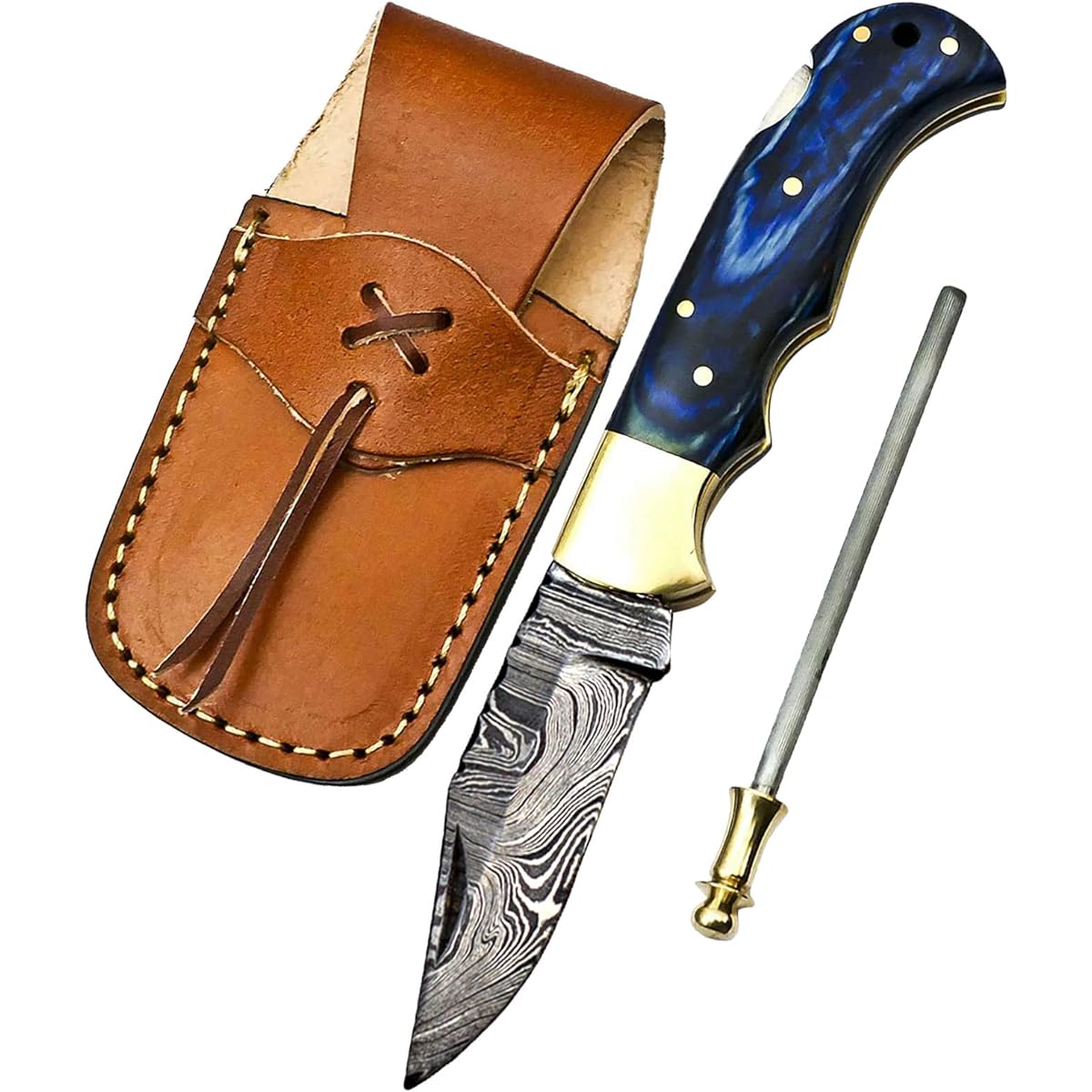 Bronzeo Knife 165mm Handmade Damascus Blade Knife Outdoor Folding Knife Camping Fishing Survival Non-Slip Ergonomic Blue Pakka Natural Wood Handle