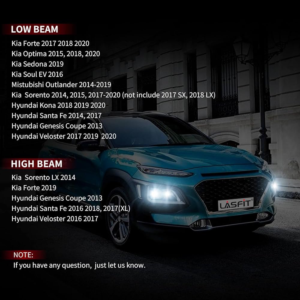 Lasfit Kia Sorento Forte Sedona Optima, HYUNDAI VELOSTER KONA FORTE, PRO-HK6 H7 LED bulb, all-in-one slug & play, 60W 6000lm, brighter (2 pieces)