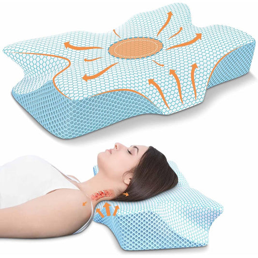Anvo Cervical Neck Pillow for Neck and Shoulder Pain - Memory Foam Neck Pillow for Sleeping Pain Relief Side Sleeping Pillow Curved Orthopedic Soft Pillow for Back Sleepers - Blue