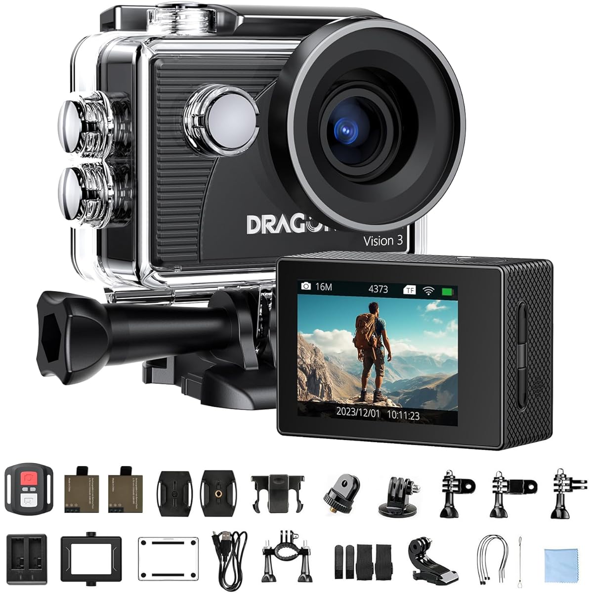 Dragon Touch Action Camera 4K30FPS 20 Megapixels 30m Underwater Camera 170 Degree Wide Angle Lens Time Plus Video Wearable Camera 2 1050mAh Batteries Image Stabilization HDMI Output 4x Zoom Remote Control Included Action Cam Vision3