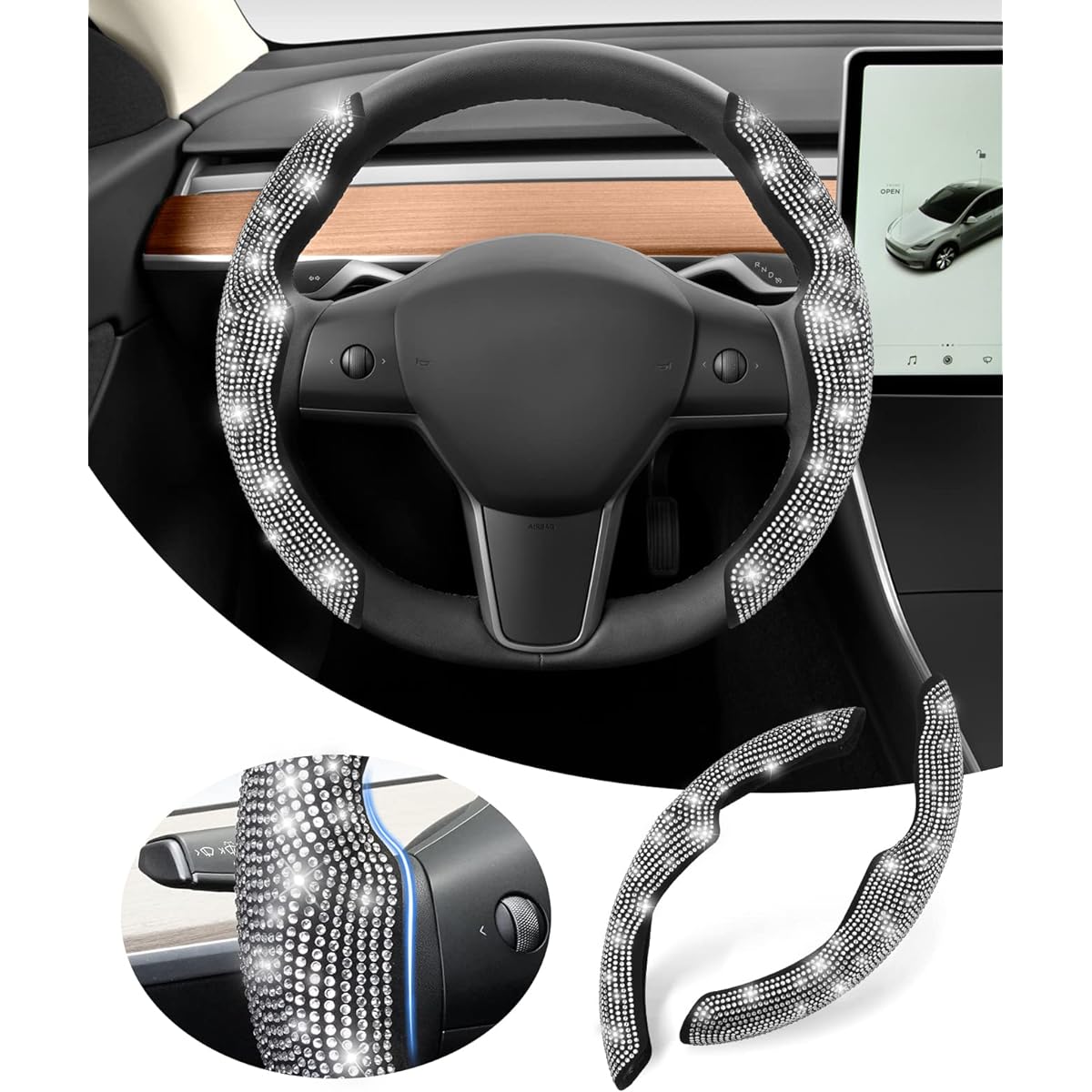 SUNSDREW Diamond Bowling Handle Cover TESLA MODEL Y 2020-2023/MODEL 3 2017-2023 White Diamond Rhinestone Sparking Nonon Slip Tesla Model 3/Y Accessories