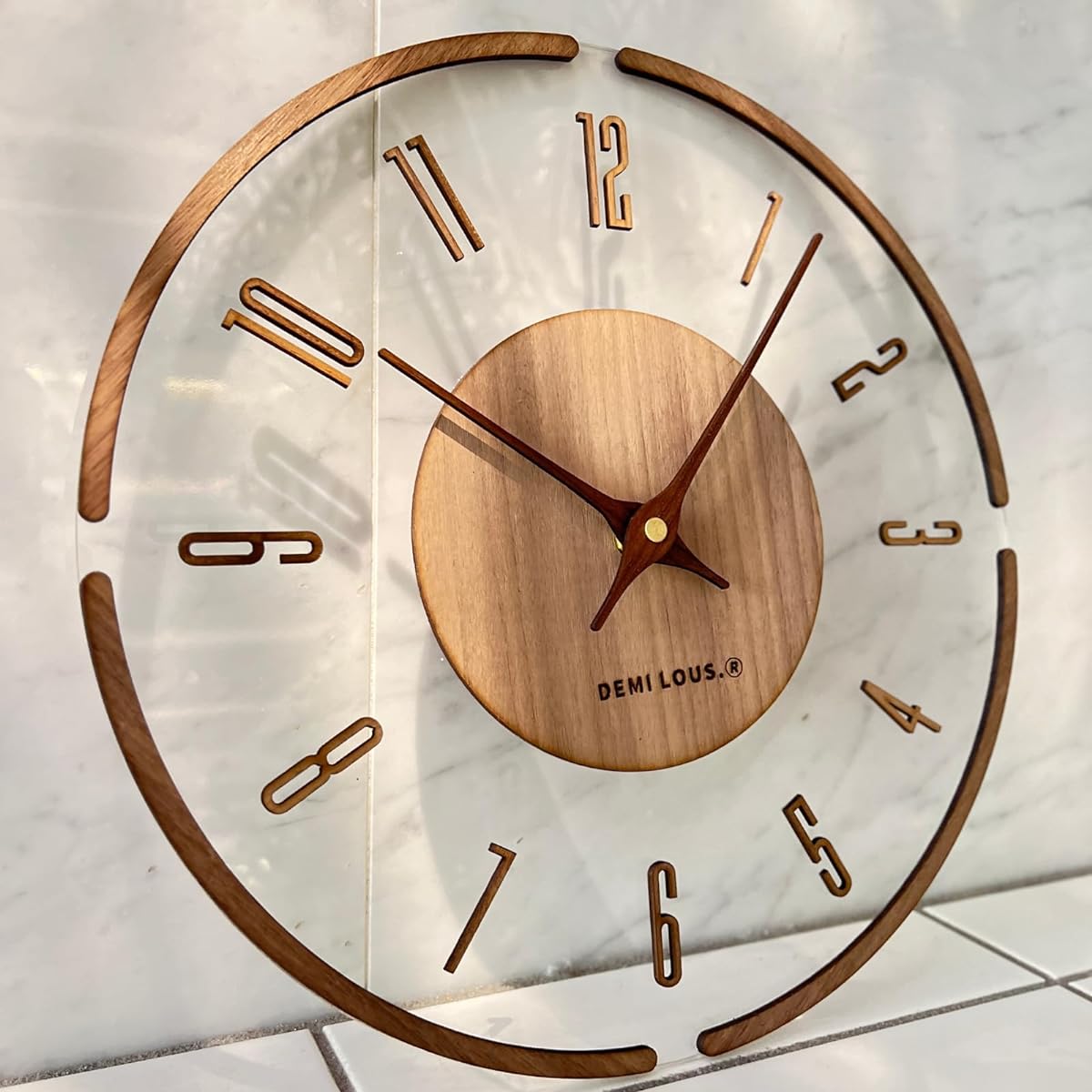 Wall Clock, Stylish Wall Clock, Clear, Transparent, Wooden, Natural, Walnut, Modern, Stylish, Natural, Designers, Simple Design, Quiet, Handmade, Diameter 30cm (Classic)