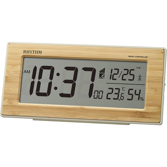 RHYTHM Alarm Clock Radio Clock Made of Natural Bamboo Material (Bamboo Board Pasted) Temperature Humidity Calendar 10x21.8x5cm 8RZ212SR06