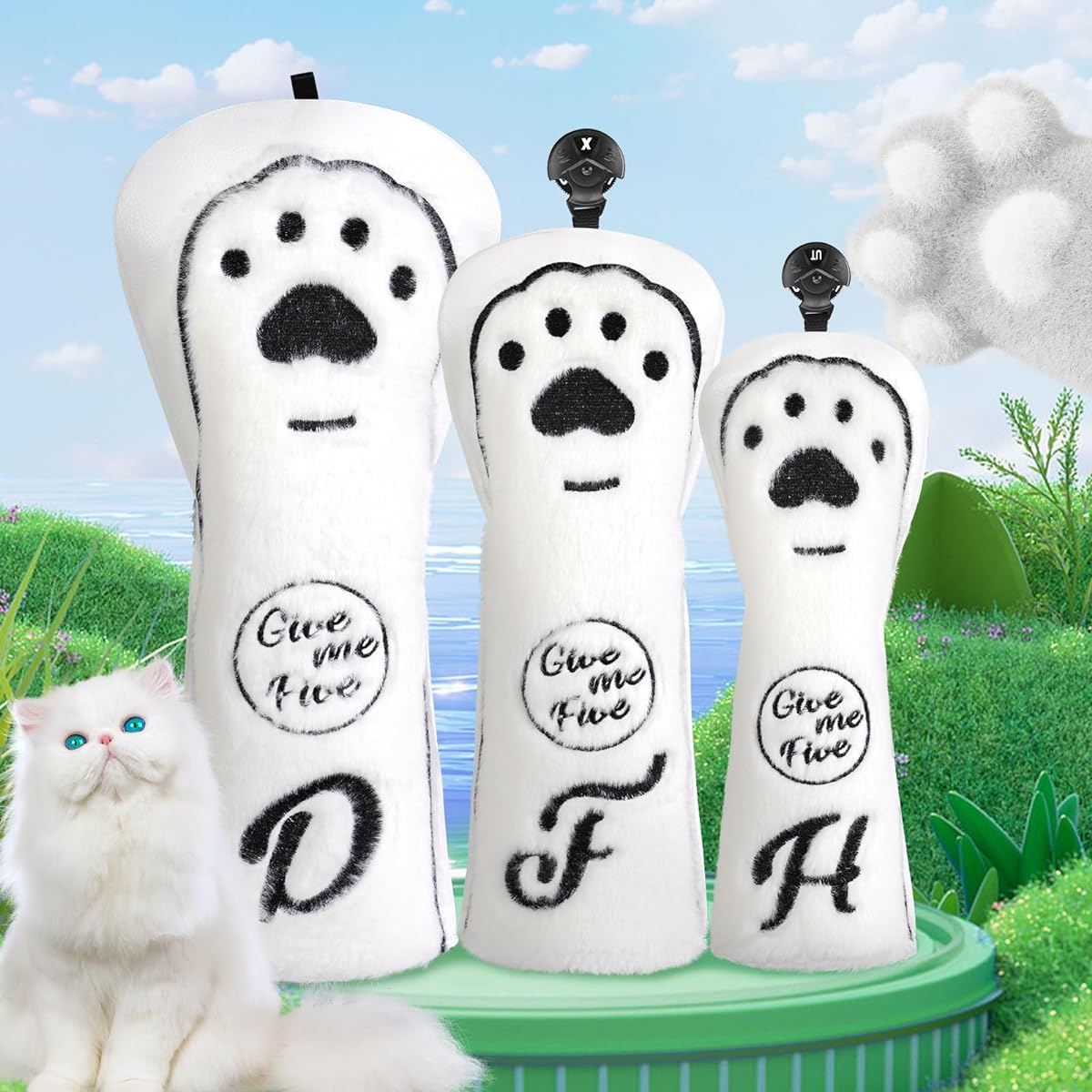 CRAFTSMAN Golf Head Cover 3 Piece Set (1FUT)/Single Item 3D Effect Golf Wood Cover Set Golf Driver Cover Fairway Wood Utility Cute Fluffy Cat Punch