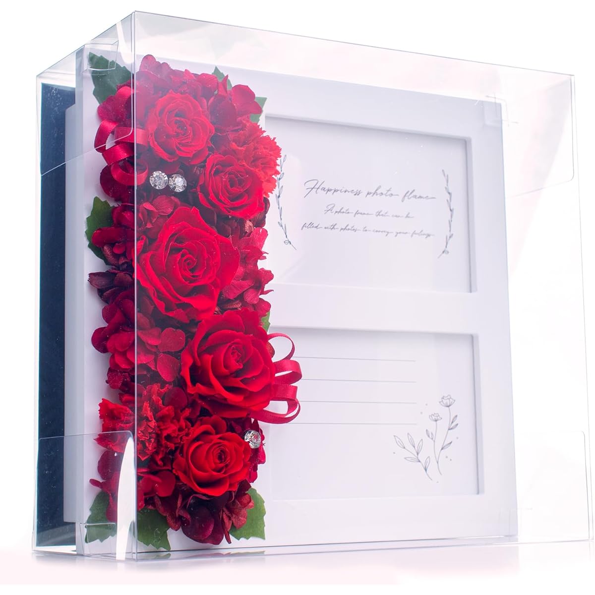 Photo Frame, Preserved Flower Photo Frame, Multiple Pictures, Stylish, Mother's Day, Wedding Gift, Birthday Present, Gift, Wedding Anniversary, Wife, Flowers 22.5cm x 23cm, L version, 2 pieces (Diamond Rose Red)