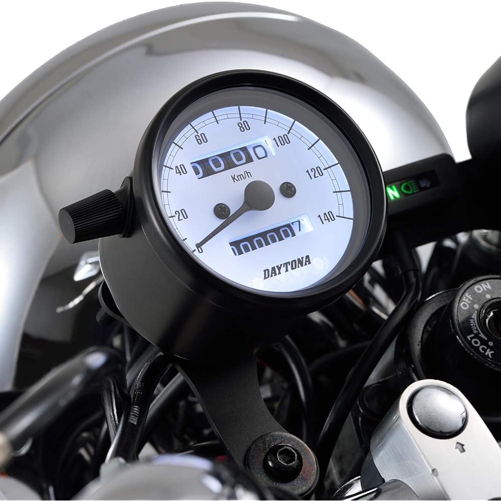 Daytona Motorcycle Mechanical Speedometer Black Body/White Panel/White LED φ60 140km/h Display 15624