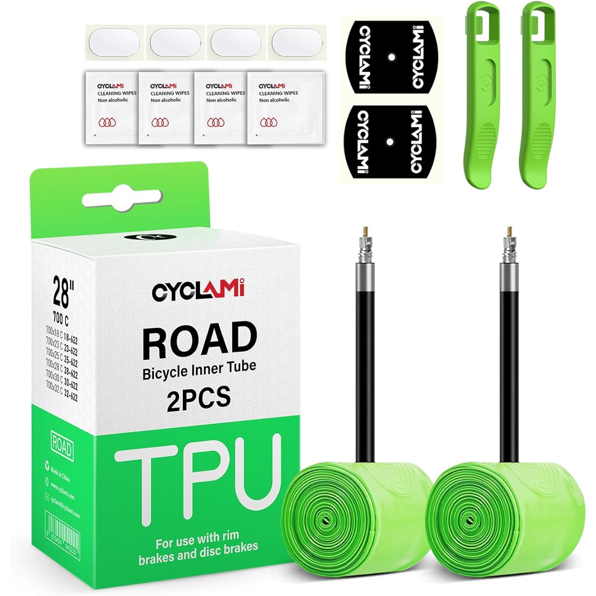 Set of 2 CYCLAMI Ultralight Road Bike TPU Inner Tube 700C Bike Tire 28 Inch 700 x 18-32c Valve Length France 45/65/85mm Japanese Instruction Manual (Includes 4 inner tube patches and 2 inner tube prybars) )