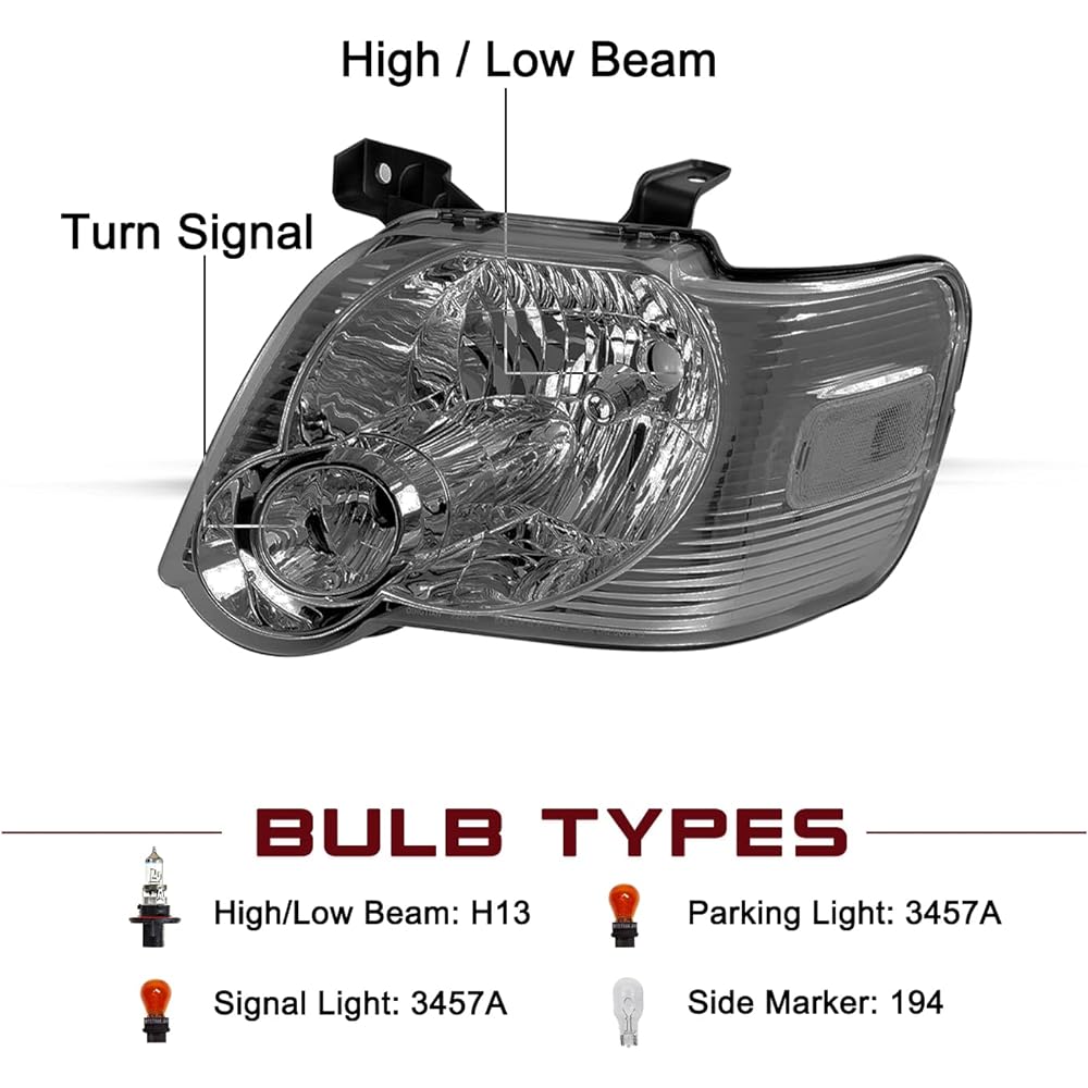 JSBOYAT Headlight Assembly Replacement with Bulb for 2006-2010 Ford Explorer Headlamp Driver & Passenger Side (Clear Reflector with Smoke Lens)