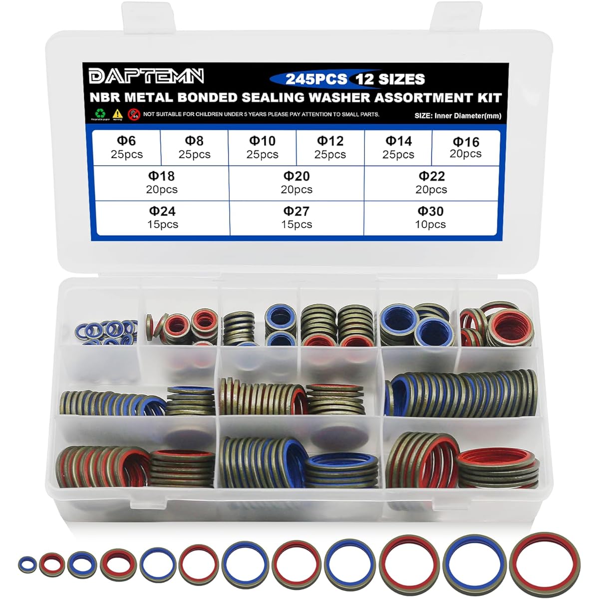DAPTEMN 245 Metric Oil Drag Gasket NBR Metal Bonded Seal Washer Combination Tube Sealing Gum O Ring Filled Kit 12 Size M6 M8 M8 M10 M14 M16 M16 M24 M27 M27 M27 M27 M27 M27 M27 M27 M20 M30