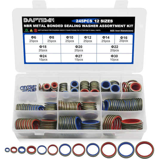 DAPTEMN 245 Metric Oil Drag Gasket NBR Metal Bonded Seal Washer Combination Tube Sealing Gum O Ring Filled Kit 12 Size M6 M8 M8 M10 M14 M16 M16 M24 M27 M27 M27 M27 M27 M27 M27 M27 M20 M30