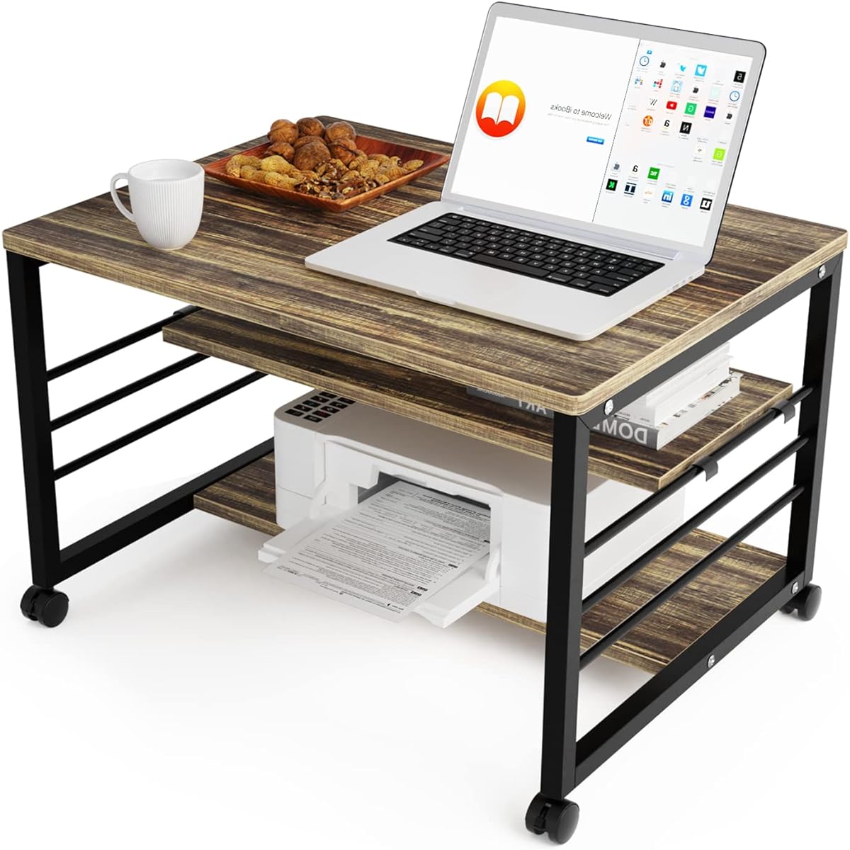 Computer Desk, 60cm Width, Low Desk, Low Type Desk, Space Saving, Compact, PC Desk, Desk, Printer Storage, Comes with Casters, Workbench, Work Desk, with Shelf, Storage, Simple, Natural, Scandinavian, Stylish, Laptop Desk, with Casters, Compact