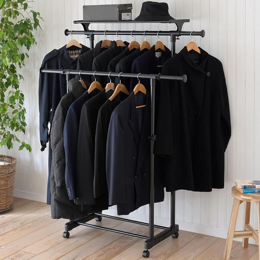 [Yamazen] Hanger Rack with Casters Width 80-132 x Depth 51.5 x Height 95.5-158.5cm (With Upper Shelf/Extendable/Height Adjustable/Double) Assembly Product All Black MKS-WSNT(ABK)