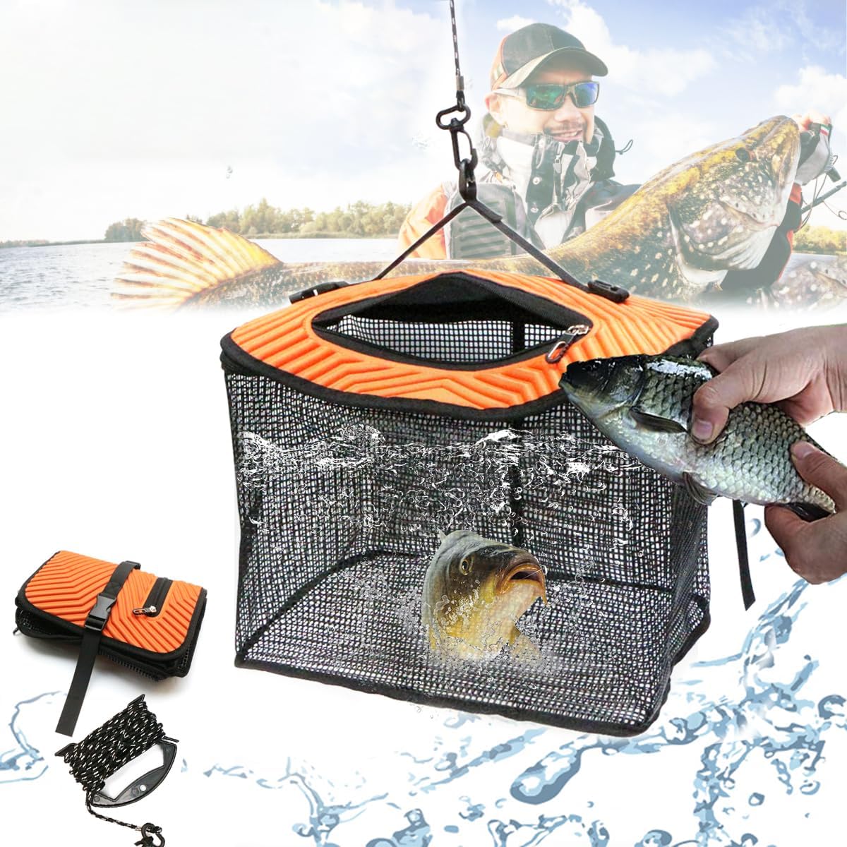 Yoseka Fishing Folding Floating Sukari Fishing Tackle 10m Rope Included Container Bag Sea Fishing Folding Floating Sukari Fishing Bag 40cm Mesh Container Fishing Tackle