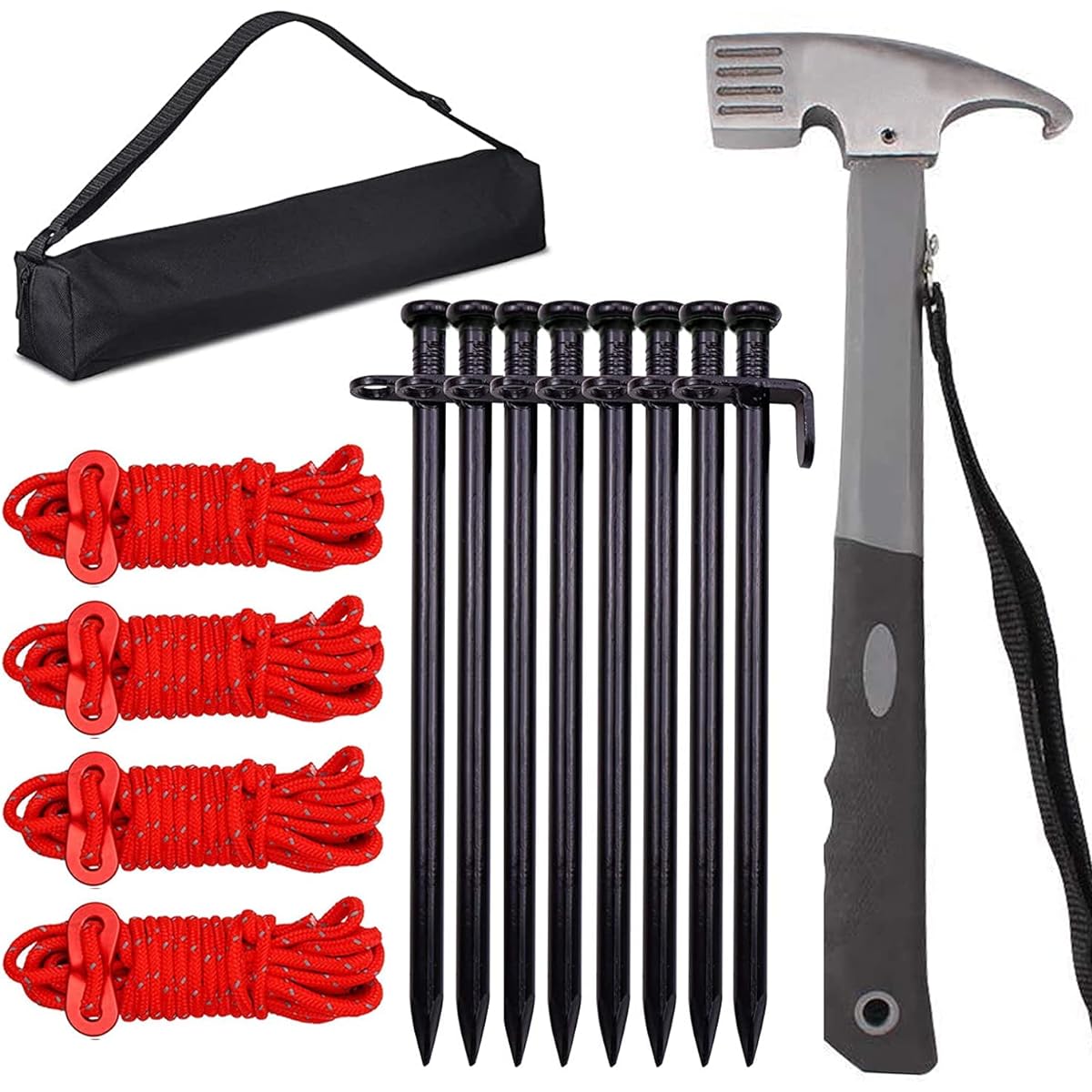Peg hammer, tent hammer, camping hammer set, peg hammer, peg remover, setup tool, 8 20cm forged tent pegs, 4 4m reflective tent ropes, outdoor, mountain climbing, touring camping, accessory bag