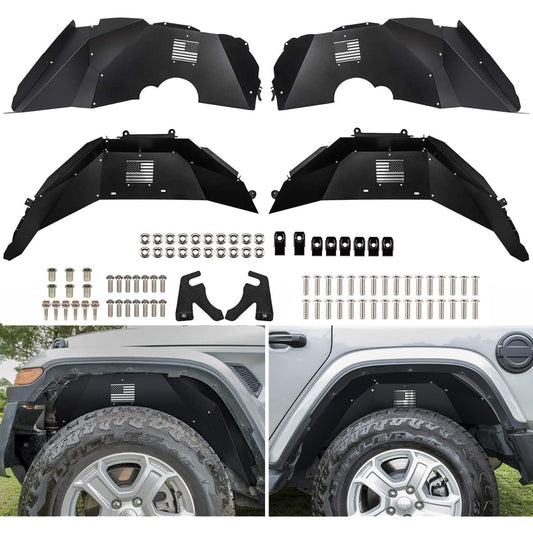 Inner Fender Liner Flare JEEP WRANGLER JL 2018 2020 2022 2022 2022 4WD & 2WD U.S. flag Logo Black Lightweight Aluminum (Front+Rear)