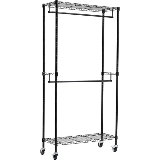 Hanger Rack 2 Tiers for Clothes with Wheels and Shelves, Load Capacity 181kg, 91.4 x 35.6 x 182.9 cm, Black