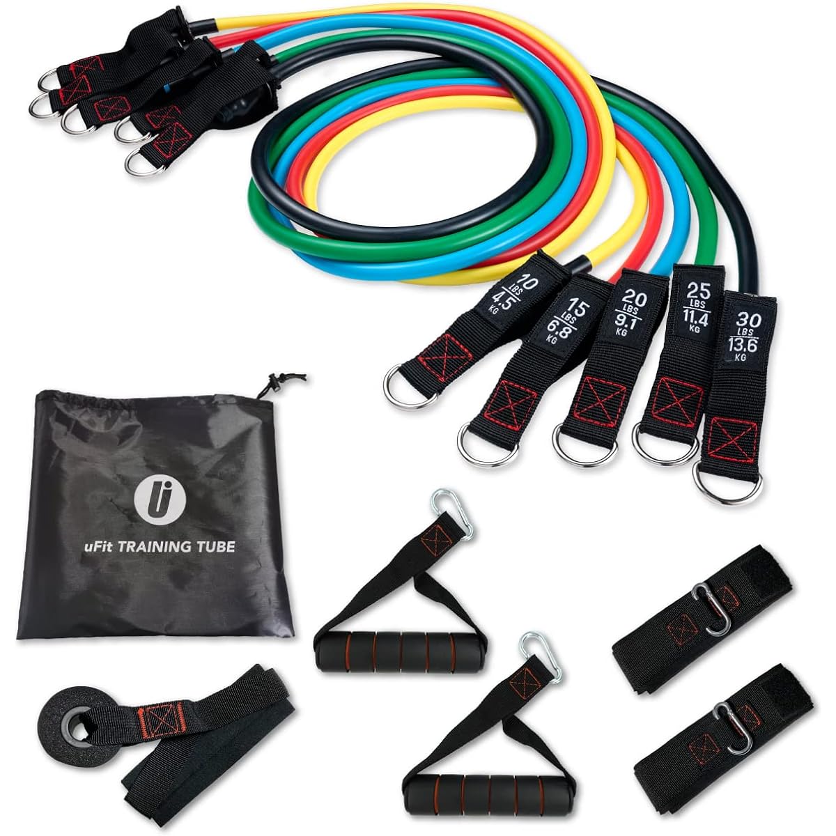 [Japanese Manufacturer] uFit Training Tube, Used by Former Professional Table Tennis Player Jun Mizutani, Set of 5 by Strength, High Intensity Muscle Training, Fitness Tube, Rubber Band, Exercise Band, Door Anchor Included, Storage Bag Included