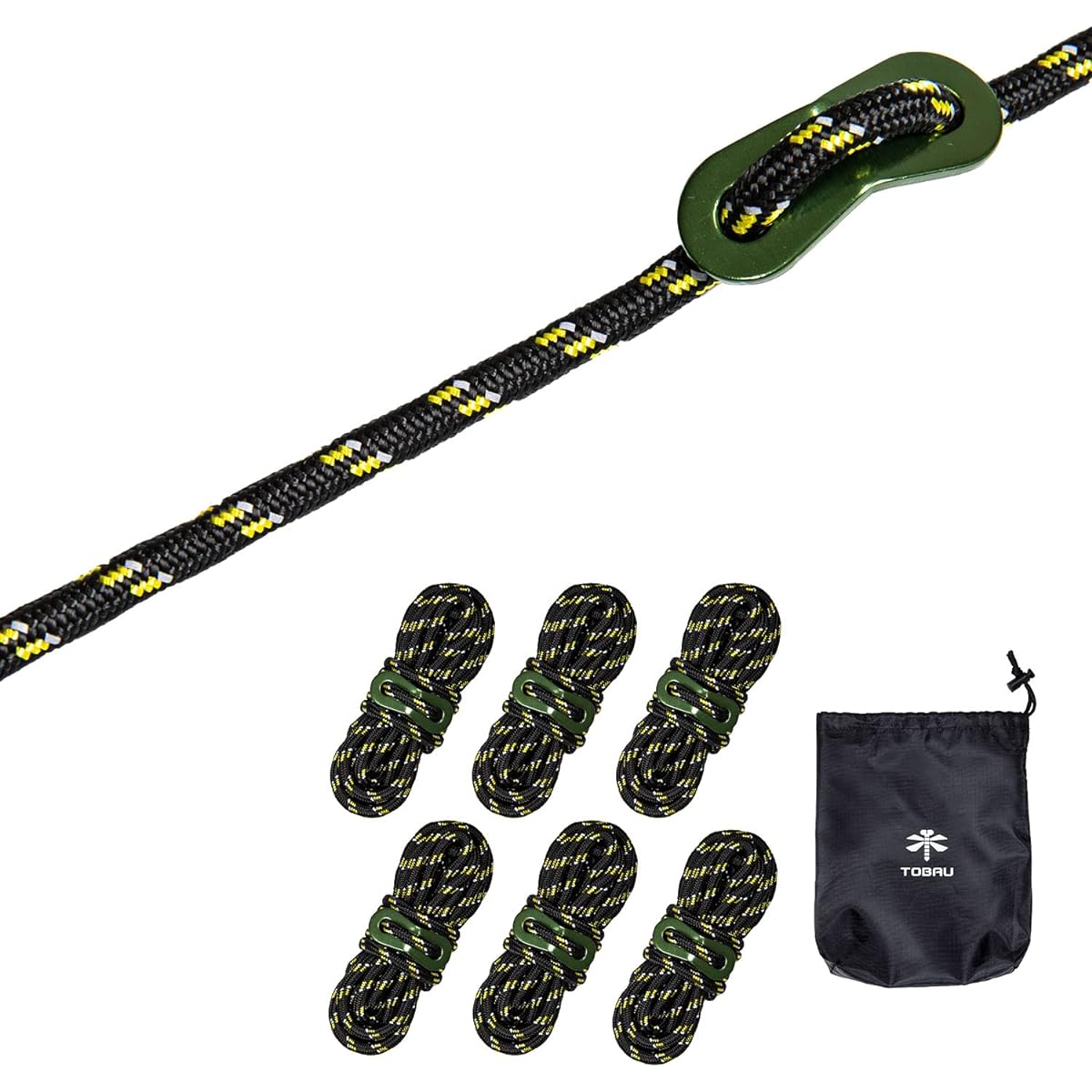 TOBAU Onyanma Rope Set 5mm x 4m 6 pieces with reflective material, flexible fittings, tent rope, tarp rope, guy rope, paracord, camping, outdoor (1set)