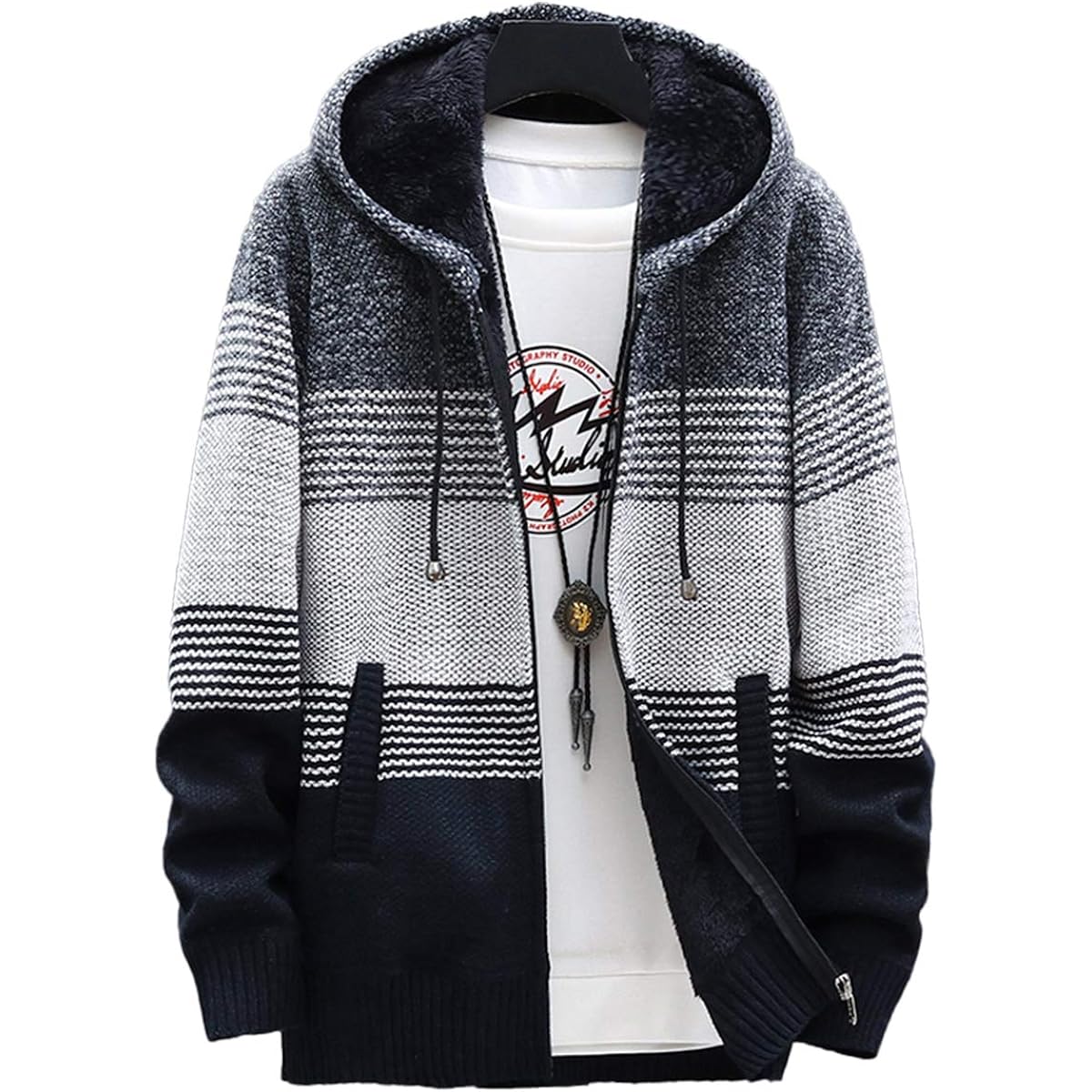 [Ganata] 2 Designs 8 Colors Tri Color Zip Up Knit Sweater Hooded Autumn/Winter Casual Cardigan Border