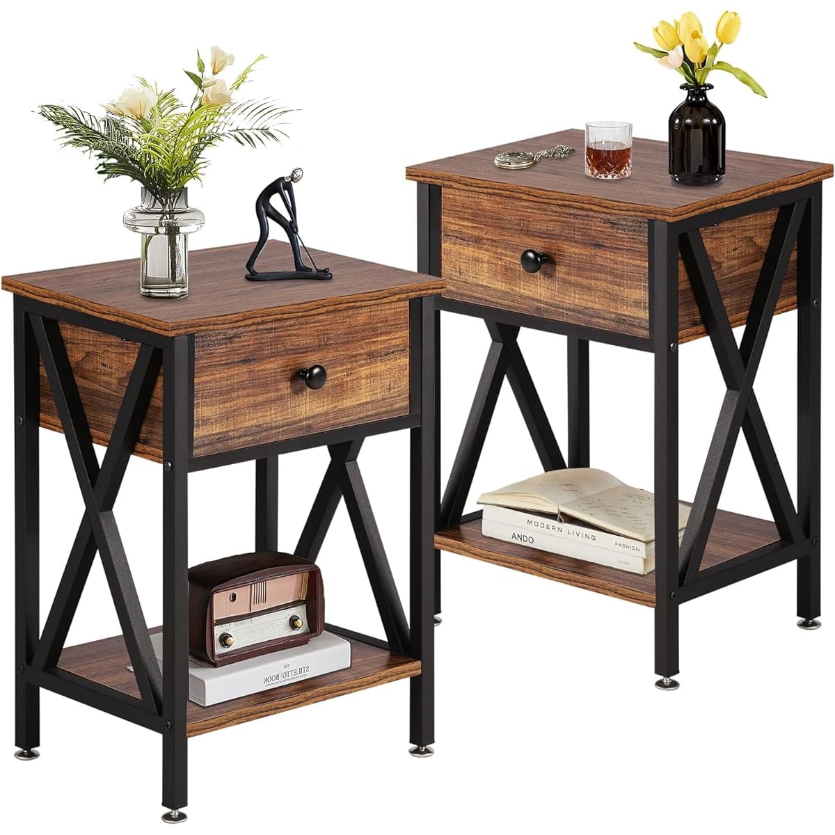 VECELO Side Table, Bedside Table, Night Table, 2 Piece Set, Rustic Brown, Width 40cm x Depth 30cm x Height 55cm, Scandinavian Style, Stylish, Bed Side, Sofa Side, Storage Shelf, Drawer Included, Living Room/Bedroom [Regular Japanese Import] KHD-DC-NS01