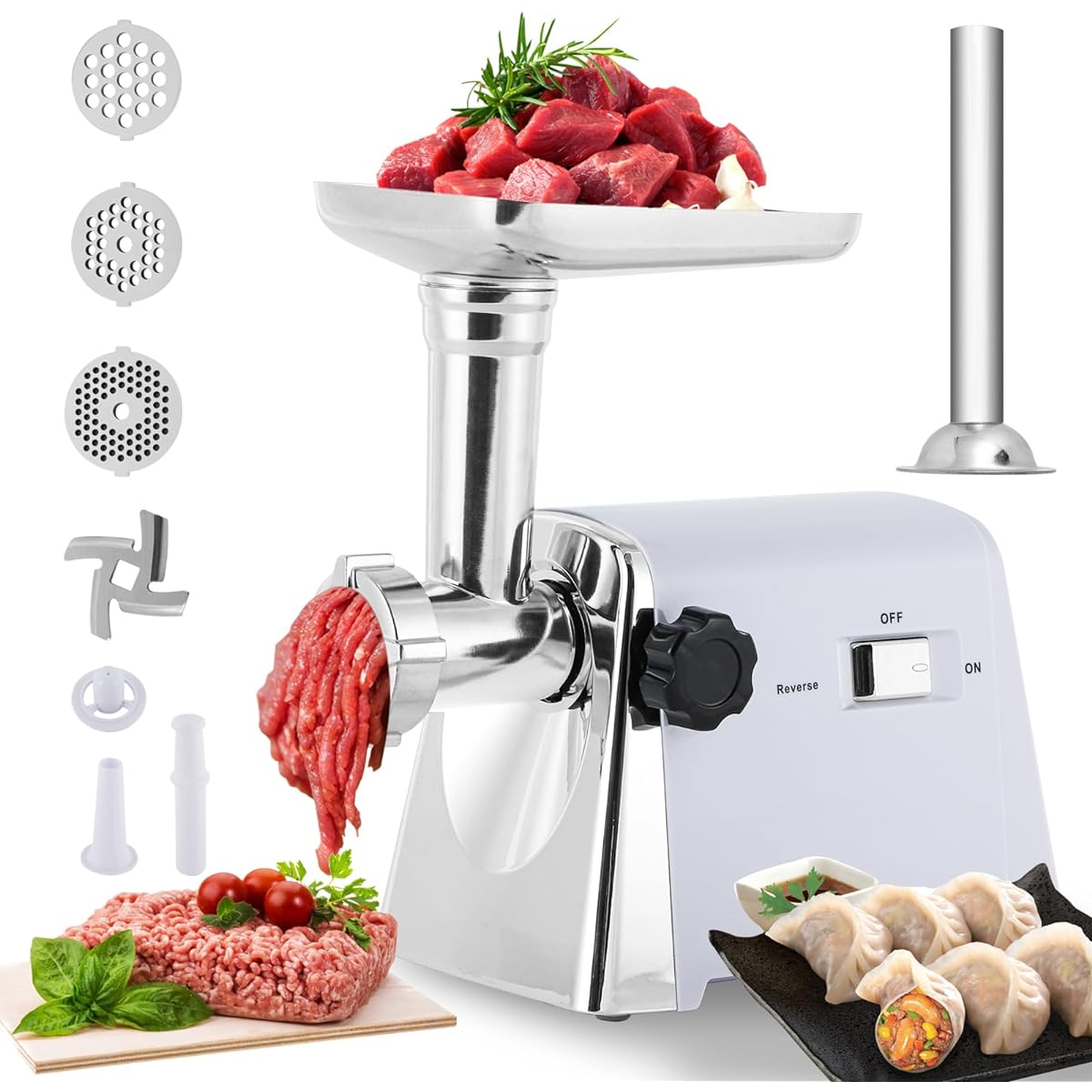 Hanchen Mincer, Mincer with 3/5/7mm Plate, Meat Mincer/Vegetables/Chopper, Stainless Steel Intestine Stuffing Nozzle, Home Use, Japanese Instruction Manual Included, Electric Type