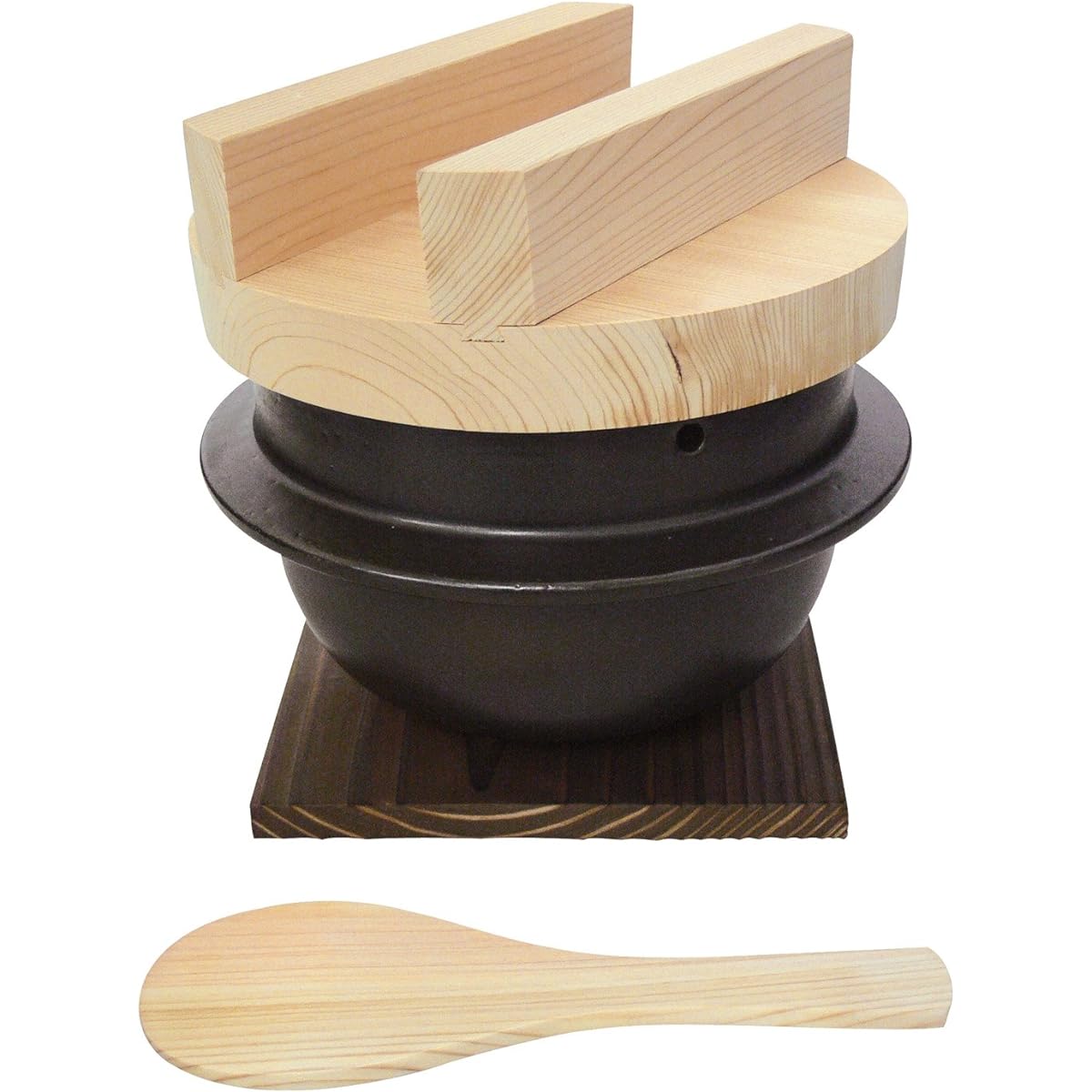Suzuki, Banko Ware Hagama Rice Pot Three-go Cooking (with rice scoop, bottom plate, easy recipe) Black 6000-4033 Black