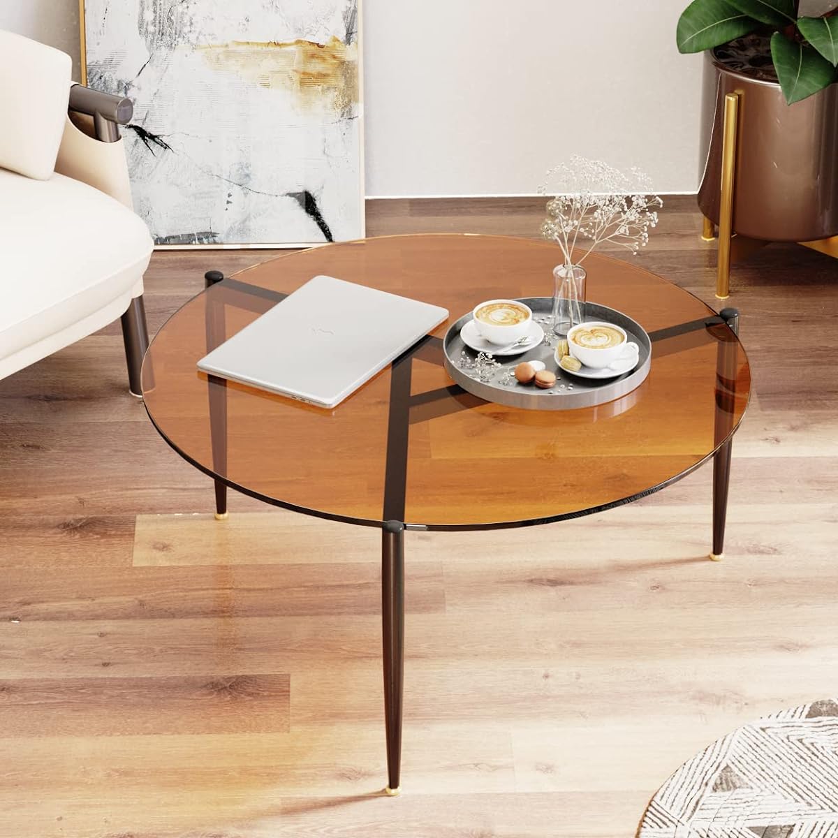 Low Table Glass Center Table Round Glass Table Width 80cm Living Table Round Stylish Round Table Brown