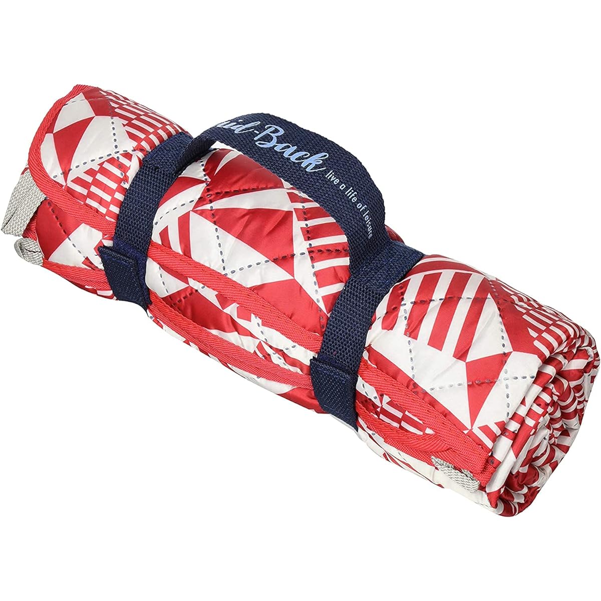 Leisure sheet that can be rolled up and carried around compactly 180 x 140cm For 4 to 5 people Red Stylish randomly placed triangular pattern Padded for soft and gentle seating Easy to clean with smooth polyester fabric Renewal