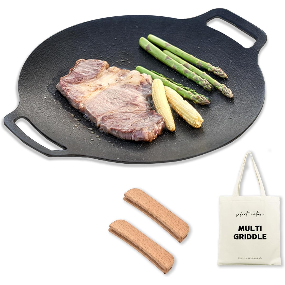 abizoe Multi Griddle Grill Pan, Diameter 29/33/36cm, Thickness 4mm, Iron Plate, Lightweight, Gas/IH Compatible, Wooden Handle Cover/Storage Bag Included