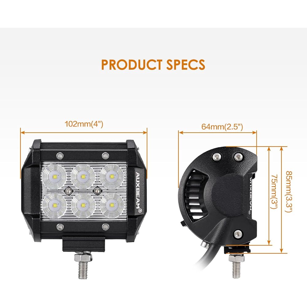 AUXBEAM 4 inch LED Pod 18W LED Light Barfrad Beam LED Off -Road Driving Light Wiring with harness SUV ATV UTV Track Pickup Lamp (2 packs)
