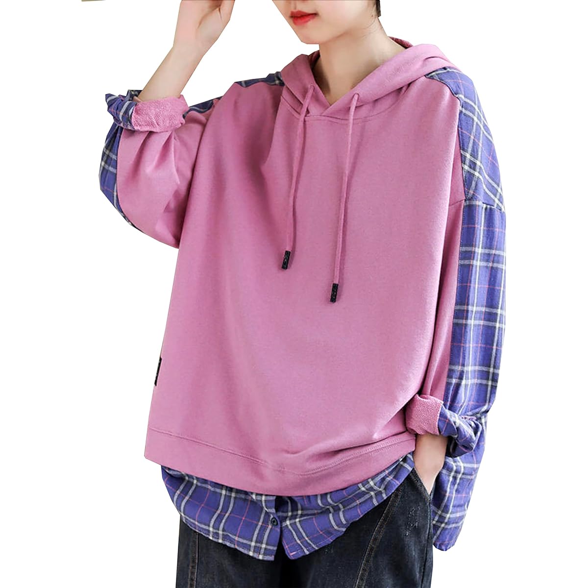 [Alhyla] Women's Hoodie, Sweatshirt, Loose Top, Pullover, Hoodie, Hooded, Sweatshirt, Bicolor, Pretty, Hoodie, Women's, Large Size, Korean Hoodie