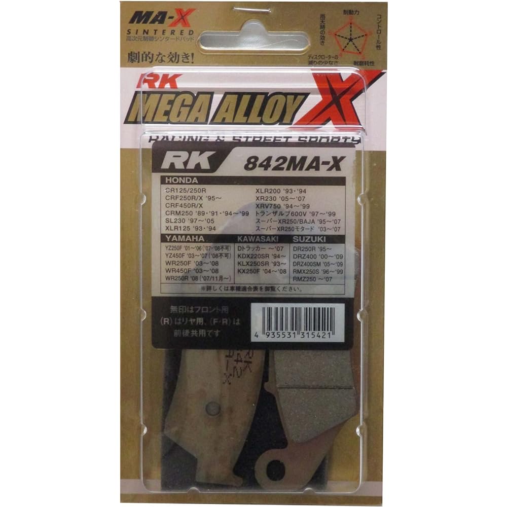 RK Brake Pad Mega Alloy HONDA: Super XR250/BAJA '95~'02 (Front) etc. Motorcycle Motorcycle 2 Wheel 842MA-X