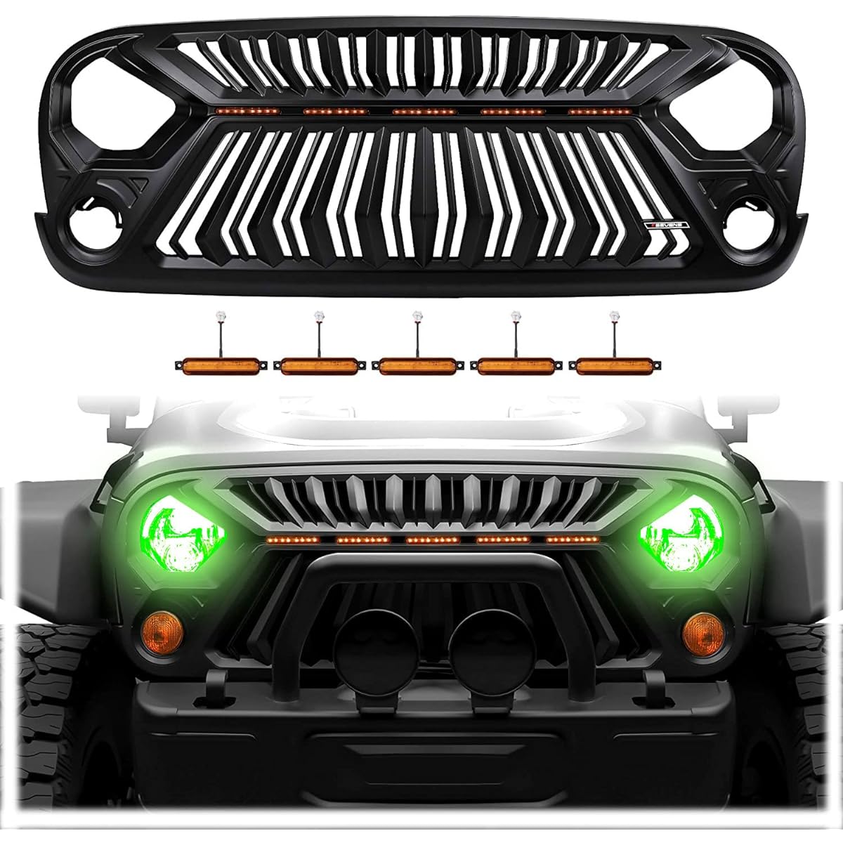 SEVEN SPARTA Front Grill Jeep Wrangler JK/JKU 2007-2018 Thunder Fury Style 5 LED Grill Light Strip Clip Rivet (Painted Mat Black)