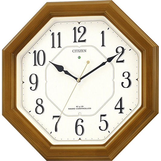 RHYTHM Citizen Wall Clock Radio Clock Analog High Brightness Full Luminous Octagonal Wood Brown CITIZEN Nemrina Look 4MY645-006