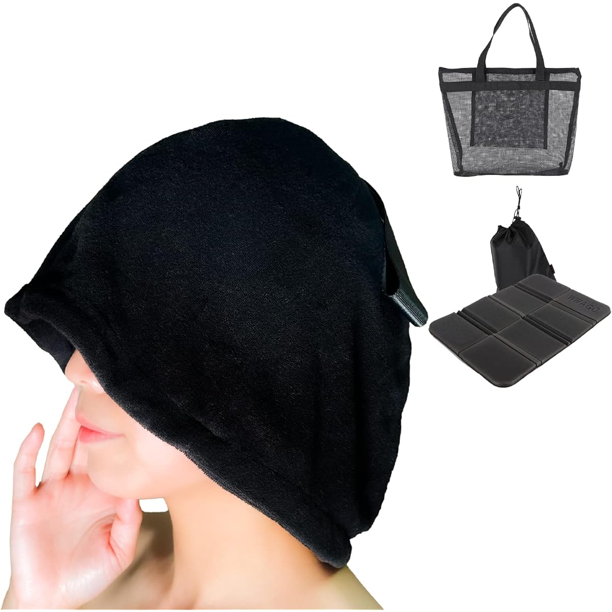[RKO REBEL] Sauna Hat, Sauna Mat, Mesh Bag, 3-Piece Set Totonoi Prevents scalp dryness Protects your head from heat 100% cotton and feels good to the touch Machine washable Men's Women's Unisex