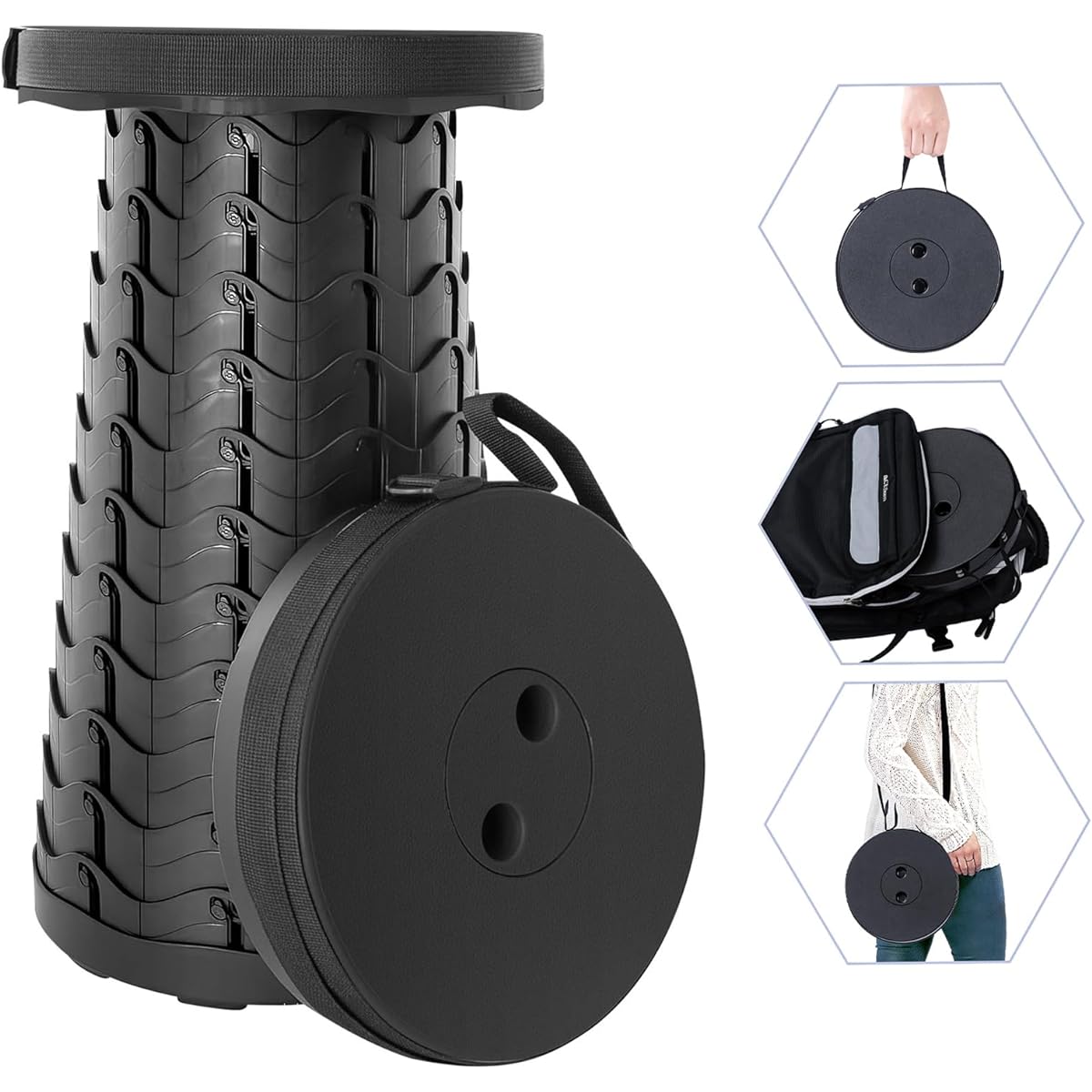 SCIVEI Folding Chair, Lightweight, Compact, Load Capacity 180kg, Outdoor Camping Chair, 12 Level Height Adjustment, 6.5-45cm, Portable, Can Open and Close in 1 Second, Telescoping Stool, Waterproof, with Handle, Shoulder Bag, Portable, For Fishing/Fests/